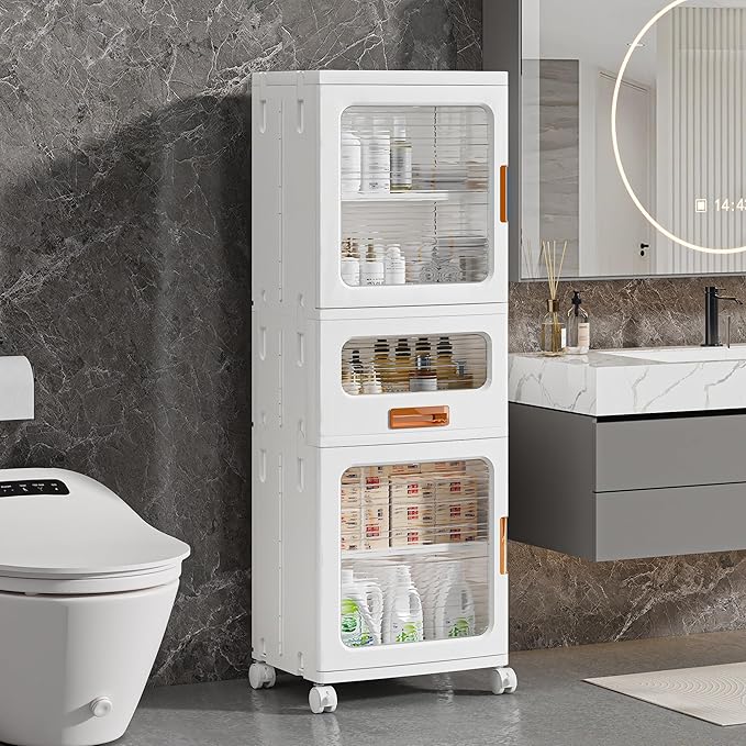 VECELO 3-Tier Narrow Bathroom Storage Cabinet with Drawer, Movable Wheels, Adjustable Shelves, Anti-Tip, Slim, for Small Space, Kitchen, Laundry, White