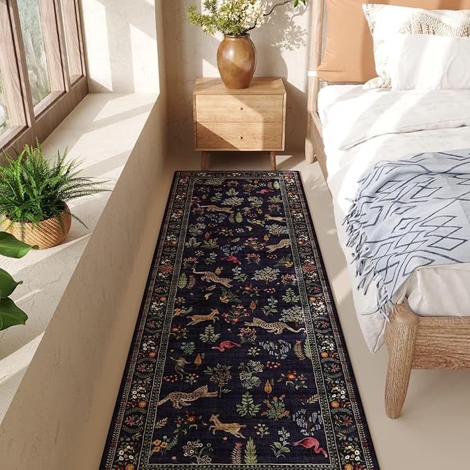 Rugcomf Runner Rug for Kitchen Rug Non Slip 2'x6' Washable Rugs with Rubber Backing Soft Floral Animal Carpet Runner for Kitchen, Laundry, Bedroom, Bathroom (Blue)