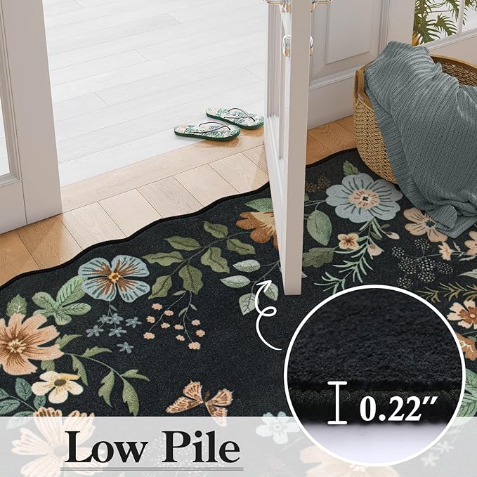 Lahome Floral Rugs for Living Room, 5x7 Area Rugs Ultra-Thin Soft Washable Rug, Non-Slip Bedroom Rug Stain Resistant Lightweight Boho Low-Pile Throw Carpet for ‎Dining Room Office (5x7ft,Black/Grey)