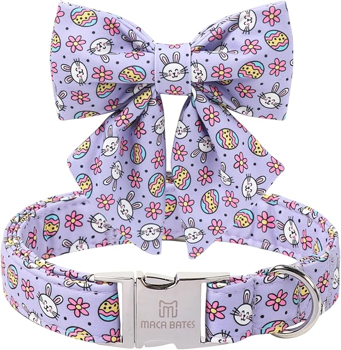 Maca Bates Easter Day Egg Dog Collar with Sailor Bow Tie for Large Girl Boy Dogs, Purple Cute Bunny Rabbit Pattern,Adjustable Durable Soft Breakaway Collars for Male Female Puppy