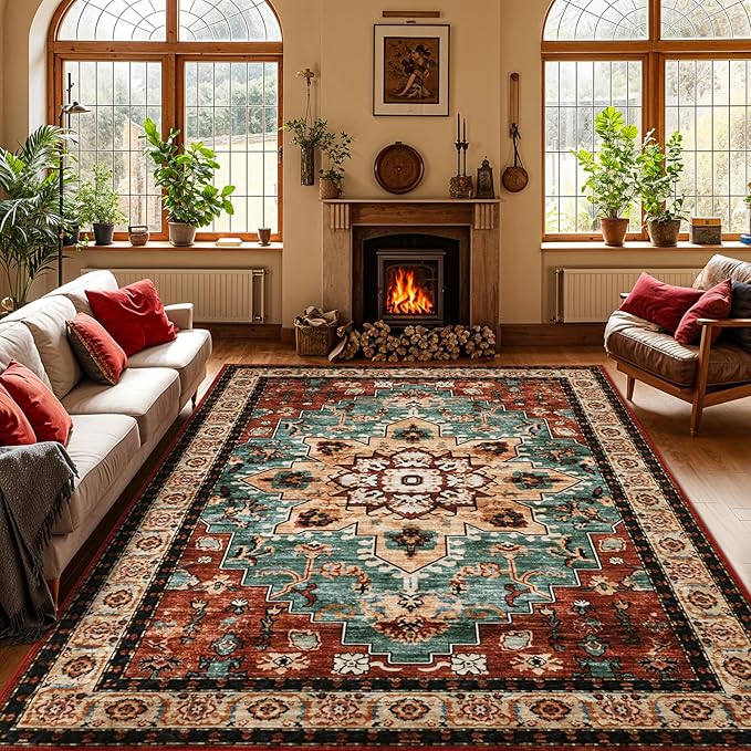 LBRO2M Boho Area Rug 8X10 Washable Rugs for Bedroom Low Piles Indoor Carpet, Non Slip Soft Rug for Living Room, Dining Room, Red Rug Foldable Pet Friendly Area Rugs Stain Resistant (8'X10' Red Teal)