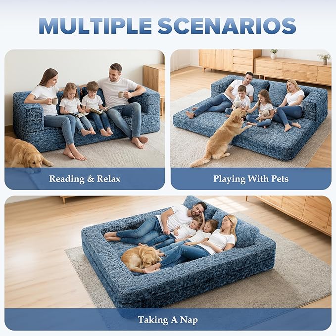 HABUTWAY Convertible Sofa Bed,3-in-1 Folding Futon Sofa Bed with Pillow, Foldable Sleeper Sofa Bed with Removable Cover,Plush Boneless Floor Chair Couch Lounge for Living Room,(Queen,Blue)