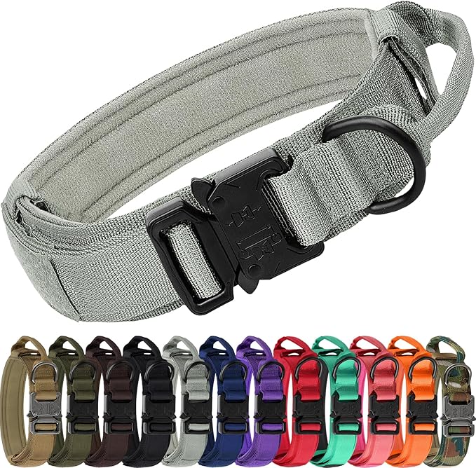 Joytale Tactical Dog Collar with Handle, Adjustable Heavy Duty Military Collar with 2 Patches for Training, Suitable for Large Dogs, Gray, L