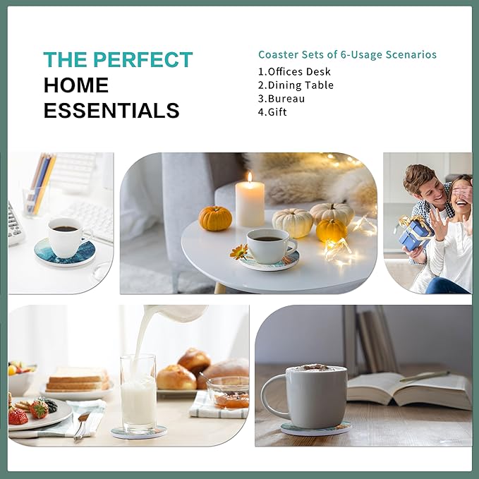 Drink Coasters with Holder, Ceramic Drink Coaster Sets of 6, Marble Blue Ocean Style Absorbent Ceramic Coasters with Cork Base for Home Decor, Kitchen, Gift, Bar, Coffee Table(4 Inches)