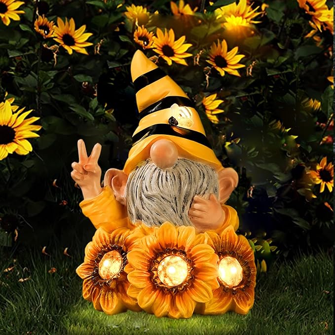 Garden Sculptures & Statues Resin Summer Bee Gnome with Sunflower, Outdoor Funny Decoration Solar Light Figurine Gifts for Yard, Patio Decor for Mom