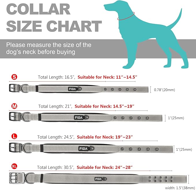 Fida Heavy Duty Dog Collar, Ultra Comfortable Soft Neoprene Padded, Adjustable Reflective Nylon Pet Collar with Durable Metal Belt Buckle for Medium Breeds (M, Grey)