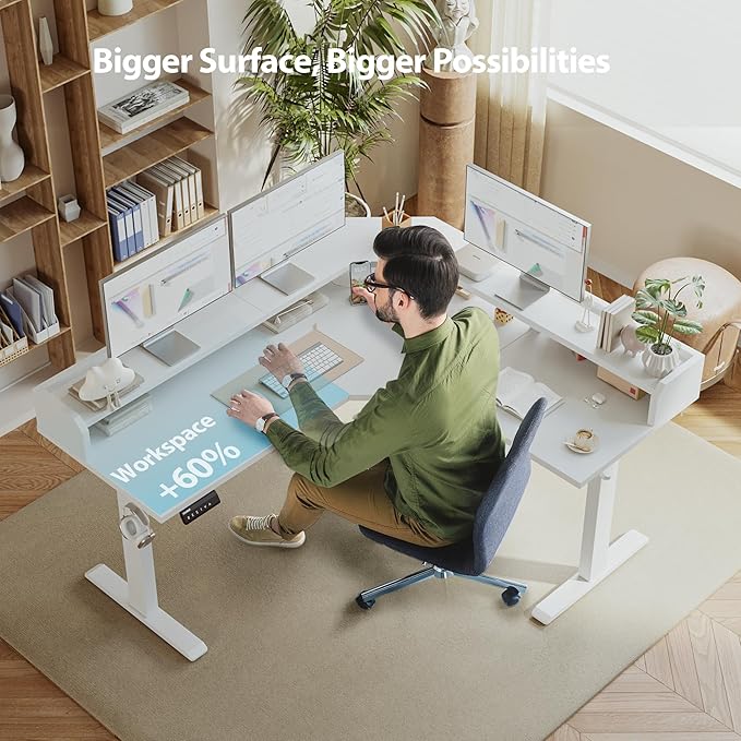 Agilestic L Shaped Standing Desk, Adjustable Height Corner Gaming Desk with Shelf, Sit Stand Up Desk, 63 x 55 Inch Home Office Computer Table, White