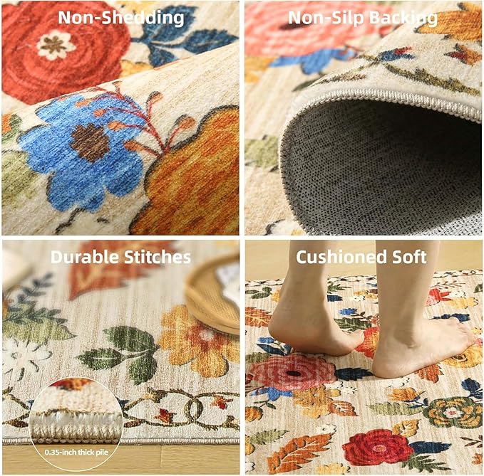 8x10 Area Rugs for Living Room: Washable Rug Stain Resistant Distressed Vintage Floral Rug Non Slip Low Pile Faux Wool Soft Large Area Rugs for Bedroom Bedside Farmhouse Dining Room Kids Nursery