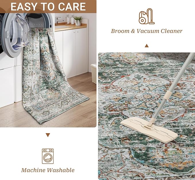 5x7 Area Rugs for Living Room,Stain Resistant Washable Rug,Non-Slip Backing Rugs for Bedroom,Kitchen,Printed Vintage Home Decor Rug (Green, 5'x7')