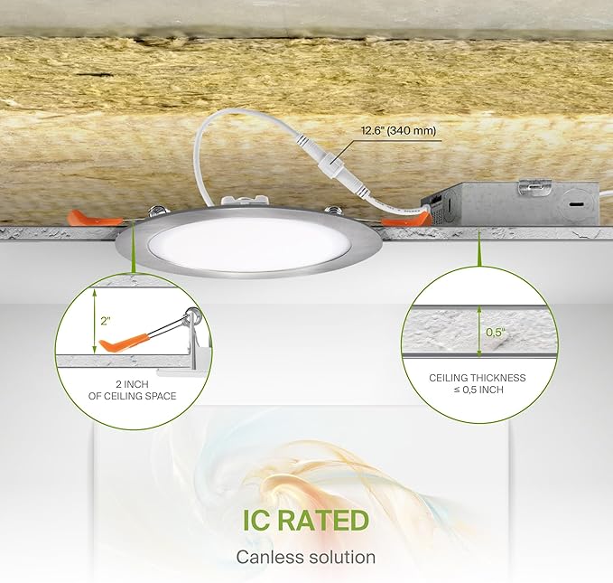 ASD 6 Pack LED Recessed Lighting 6 Inch 15W, 5 CCT 2700K-5000K CRI90+, IC Rated Ultra Thin Dimmable Ceiling Lights with J Box, Canless Wafer Downlight, Round Slim Panel Light, UL Energy Star, Nickel