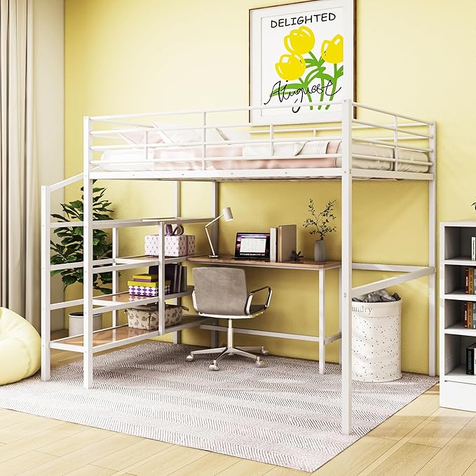 Full Size Metal Loft Bed with Desk and Lateral Storage Ladder,Modern Style Heavy-Duty Metal Frame for Kids Teens Adults Bedroom, Dorm,White