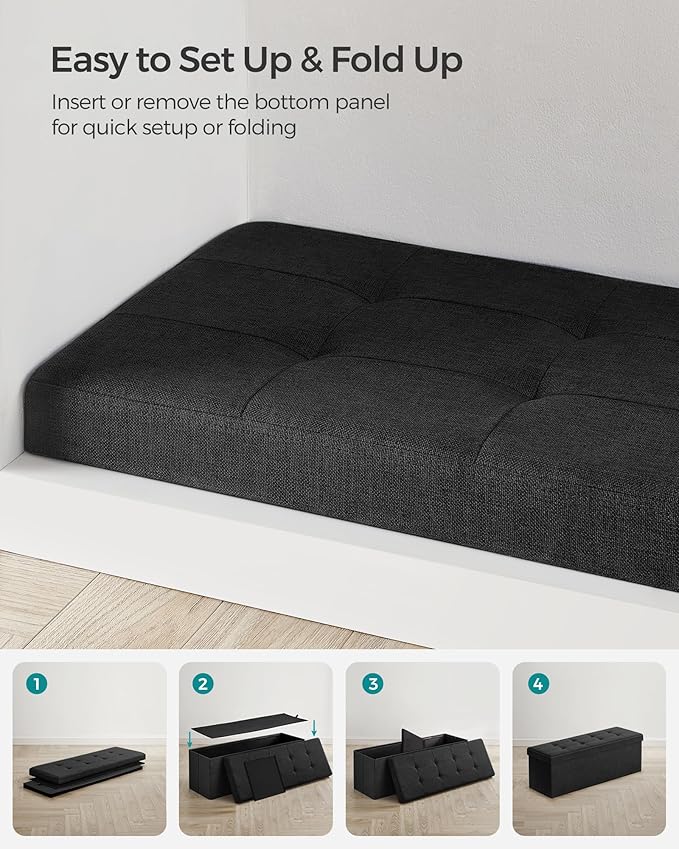 SONGMICS MAZIE Collection - 43 Inches Folding Storage Ottoman Bench, Ottoman Foot Rest, End of Bed Bench, Storage Chest, Load 660 lb, for Living Room, Bedroom, Entryway, Ink Black ULSF077B01