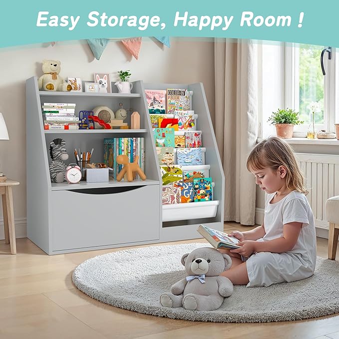 TOETOL Kids Bookshelf & Book Storage,3 Tier Wooden Toddler Bookshelf for Children,Nursery Book Shelves with 6 Sling,Organizer & Book Shelf for Kids Rooms,Bedroom,Playroom Gary