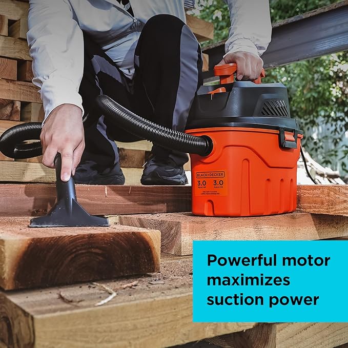 BLACK+DECKER Shop Vacuum Wet and Dry, 3 Gallon 3.0 Peak HP, 3-in-1 Portable Corded Shop Vac with Accessories, Vacuum Cleaner for Home, Pet and Car(BDXV18910P-3)