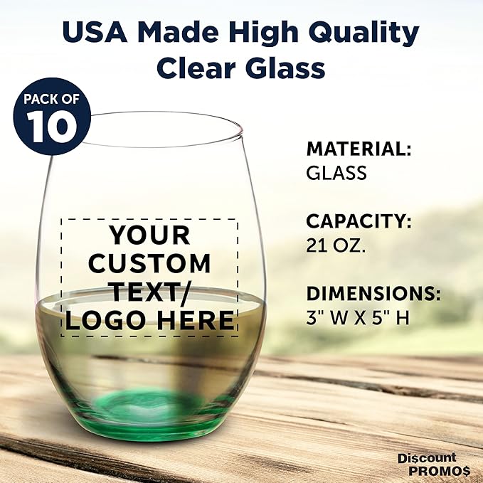 DISCOUNT PROMOS 10 ARC Stemless Wine Glasses Set, 21 oz. - Customizable Text, Logo - Chardonnay, Cabernet, Merlot, Sauvignon - Green
