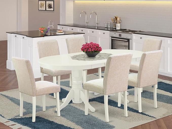 East West Furniture VAAB7-LWH-02 7 Piece Modern Dining Table Set Consist of an Oval Wooden Table with Butterfly Leaf and 6 Light Beige Linen Fabric Parsons Chairs, 40x76 Inch, Linen White