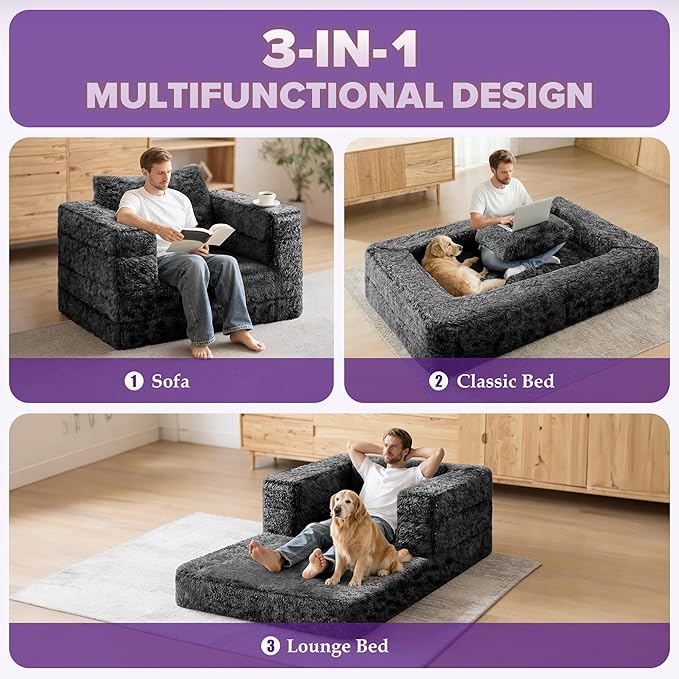 HABUTWAY Convertible Sofa Bed,3-in-1 Folding Futon Sofa Bed with Pillow, Foldable Sleeper Sofa Bed with Removable Cover,Plush Boneless Floor Chair Couch Lounge for Living Room,(Full,Black)