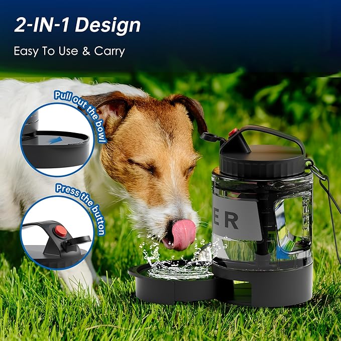 77oz Portable Dog Water Bottle, Camping Essentials, Large Travel Bottle with Pull-Out Drinking Bowl, Portable Beach Accessories, Car Water Container for Dogs, BPA Free - Black