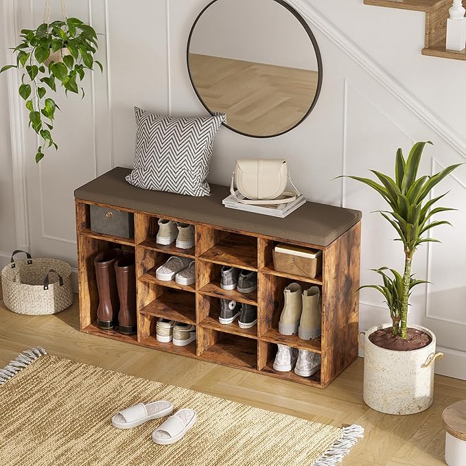 DINZI LVJ Shoe Storage Bench with Cushion, 14-Cubby Shoe Rack, Adjustable Shelves, Multifunctional Shoe Organizer Bench for Entryway, Mudroom, Hallway, Living Room, Bedroom and Garage, Rustic Brown