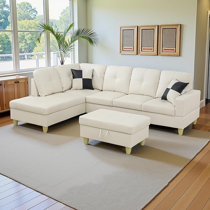 L Shaped Couch Faux Leather Sectional Couch Upholstered 3 Pieces Sofas for Living Room with Chaise, Storage Ottoman for Office and Small Apartment, White