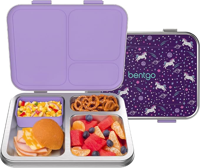 Bentgo Kids Stainless Steel Prints Leak-Resistant Lunch Box - 3-Compartments with Bonus Silicone Container, Durable, Eco-Friendly, Dishwasher Safe, BPA-Free, Ideal for School, Ages 3+ (Unicorn)