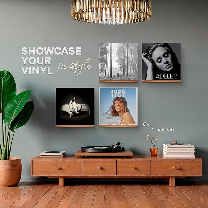 VOL-KI 4-Pack Vinyl Record Shelf Wall Mount – Solid NZ Pine Wood Floating Vinyl Display Shelf & Record Holder, Includes Now Playing Display, Marking Strip & Mini Level (Brown Pine)