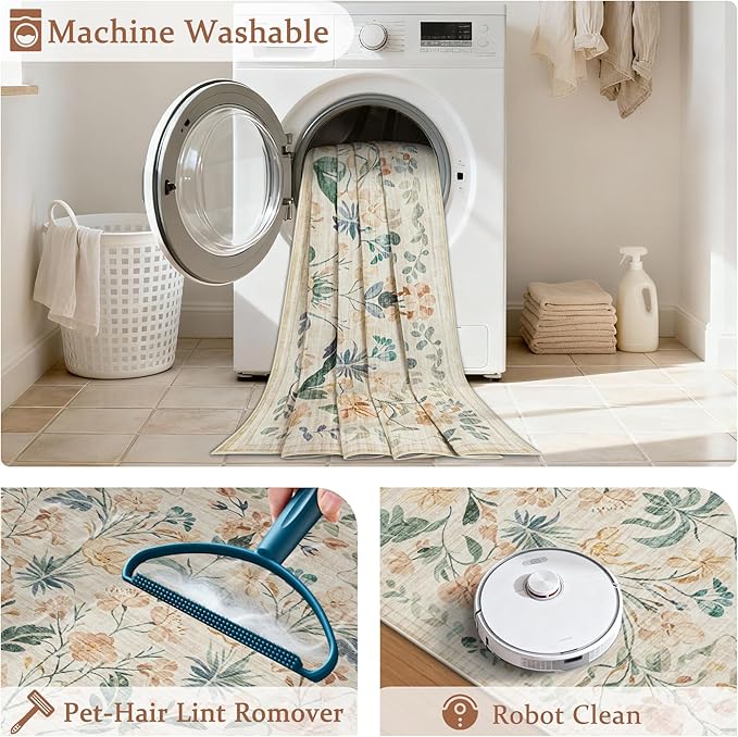 5x7 Area Rugs Washable Rug: Lagre Boho Living Room Rug Soft Non-Slip Thin Carpet Indoor Floor Non-Shedding Neutral Floral Carpets for Bedroom Dining Room Farmhouse Nursery Beige