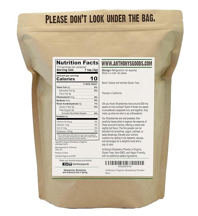 Anthony's Organic Strawberry Powder, 12 oz, Freeze Dried, Gluten Free, No Sugar Added, Non GMO