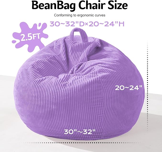 Homguava 2.5FT Bean Bag Chair,Teardrop Bean Bags Small Beanbag Chair with Memory Foam Filled and Ultra Soft Corduroy Cover for Living Room, Bedroom (Purple)