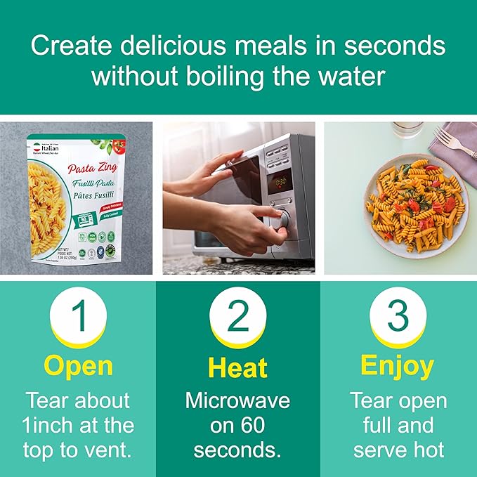 Pasta Zing Fusilli Pasta ??Fully Cooked Spiral Pasta, Microwaveable in 60 Seconds, Made with 100% Italian Durum Wheat, Non-GMO, Halal & Kosher Certified, No Preservatives ??7.05 oz (Pack of 7)