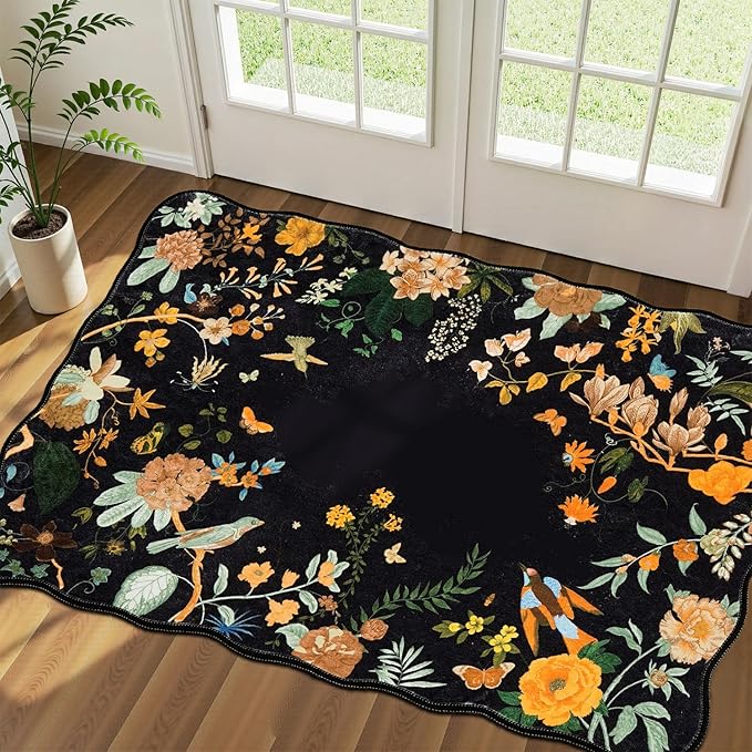 Rugflix Scalloped Floral Rug for Entryway, 2x3 Washable Non-Slip Kitchen Area Rugs, Small Low Pile Indoor Door Mat, Soft Entrance Carpet for Bathroom Bedroom, Dark Black