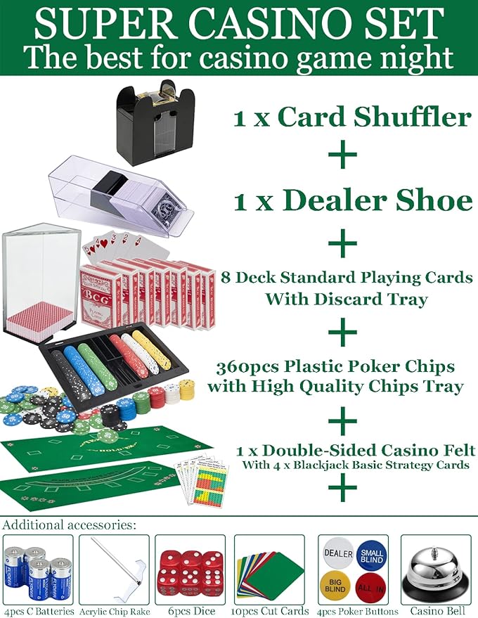 Super Casino Game Set: 6 Deck Shuffler+360pcs Chips+8 Poker Cards+Card Shoe+Chip Rake+Felt+Accessories, Blackjack Set & Texas Holdem Complete Kit, Poker Night Kit for Casino Party Gift