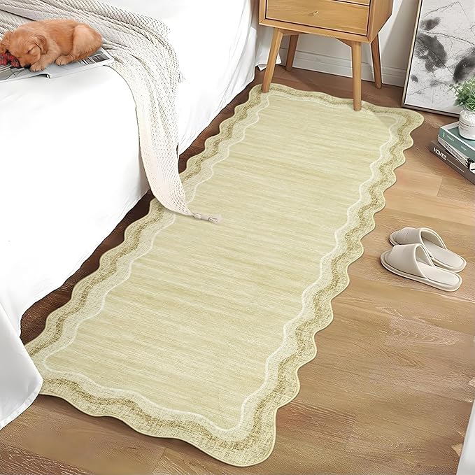 GarveeHome Washable Runner Rug 2x6 Kitchen Hallway Scalloped Rugs Non Skid Stain-Resistant Washable Modern Solid Soft Entryway Carpet Runner for Bathroom Laundry Room Bedside(Beige Yellow, 2x6)