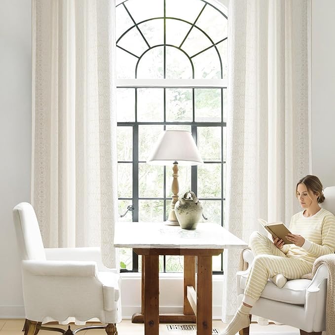 NICETOWN Cream Linen Textured Curtains 84" Long with Ivory White Boho Embroidered for Living Room, Geometric Drapes with Antique Bronze Grommets, Farmhouse Rustic Window Treatments(2 Panels, W52)