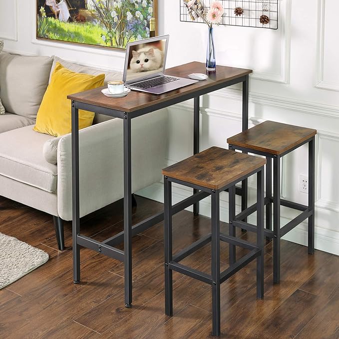 VASAGLE Bar Table, Narrow Long Kitchen Dining Table, Sturdy Metal Frame, Industrial, 15.7 x 39.4 x 35.4 Inches, Rustic Brown and Ink Black ULBT10X