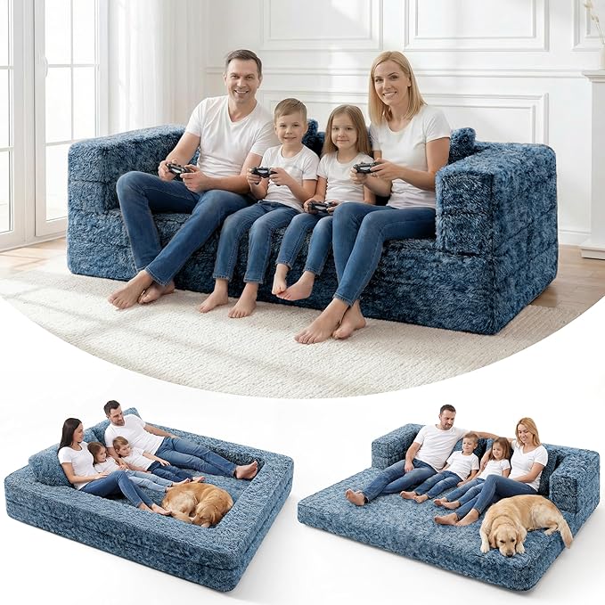 HABUTWAY Convertible Sofa Bed,3-in-1 Folding Futon Sofa Bed with Pillow, Foldable Sleeper Sofa Bed with Removable Cover,Plush Boneless Floor Chair Couch Lounge for Living Room,(Queen,Blue)