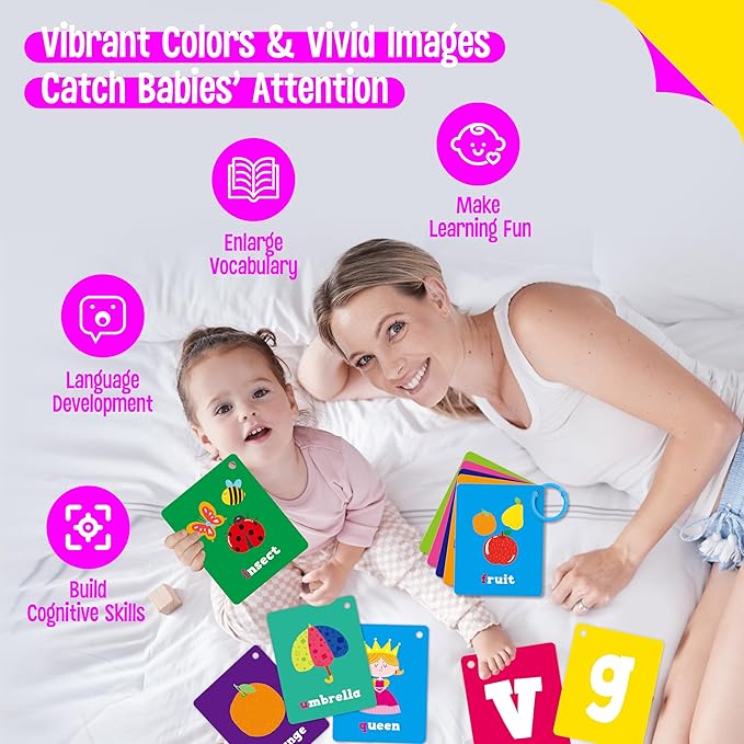 52 PCS Baby Visual Stimulus Cards, Double-Sided High Contrast Black and White, Colorful Alphabet Words Flashcards, Visual Sensory Development Montessori Cards Set for Newborn Baby, Kids, Preschool