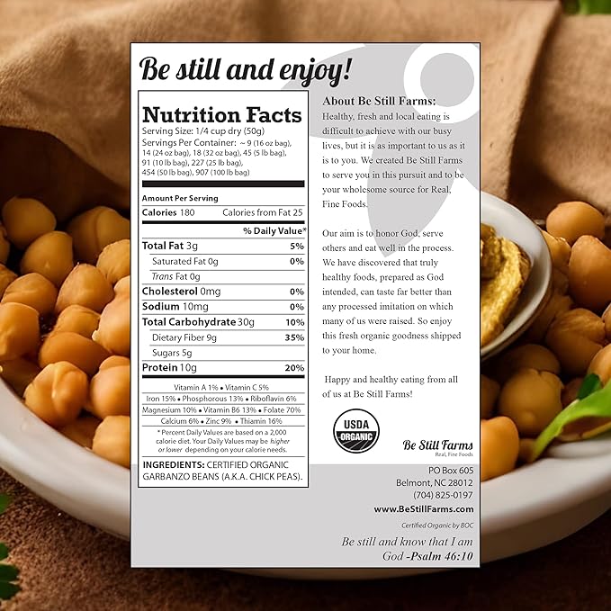 Be Still Farms Organic Chickpeas Garbanzo Beans Dry 2.8 lb - Dried Chick Peas - Great Protein for Tofu, Tahini - Similar to Soy Beans | USA Grown | USDA Certified | Vegan | Non-GMO | Gluten Free