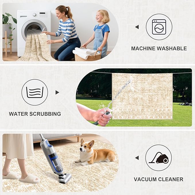 6x9 Area Rugs Living Room Rug: Washable Rug Neutral Lagre Soft Thin Carpet Indoor Floor Non Slip Boho Geometric Moroccan Carpets for Bedroom Dining Room Farmhouse Nursery Office - Beige
