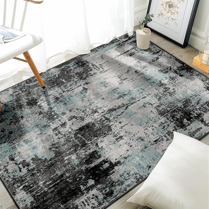 Washable Area Rugs 4'x6' Non-Slip Modern Abstract Soft for Living Room Entryway Bedroom Nursery, Print Pattern, Blue Black Teal