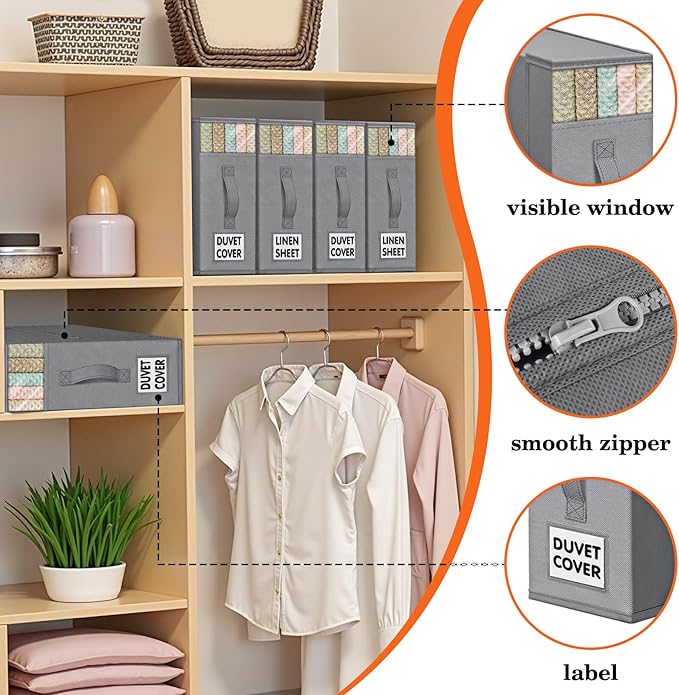 WOWBOX Sheet Organizers and Storage,Closet Bed Sheet Organizer Under Bed Storage and Organization with Label Cards & Clear Window for Bedding Sheets,Duvet Covers,Blankets (10 Pack，Gray)