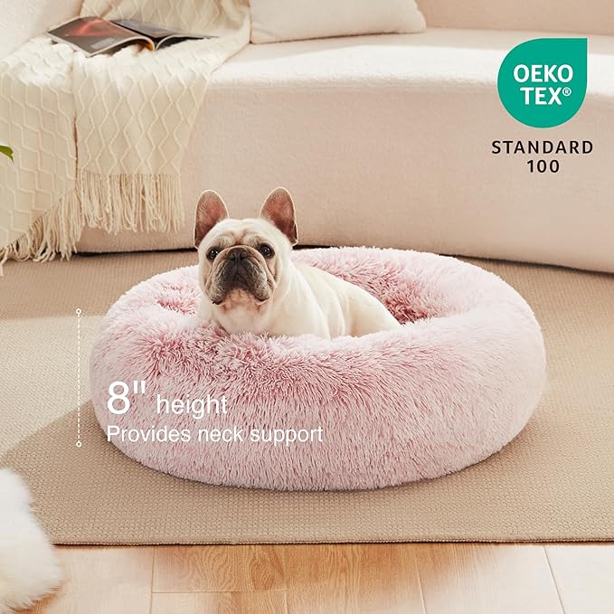 Love's cabin Calming Cat Bed for Indoor Cats, Anti-Anxiety Donut Round Dog Bed, Fluffy Faux Fur Washable Pet Bed for Small Medium Dogs and Cats,Pink,20in