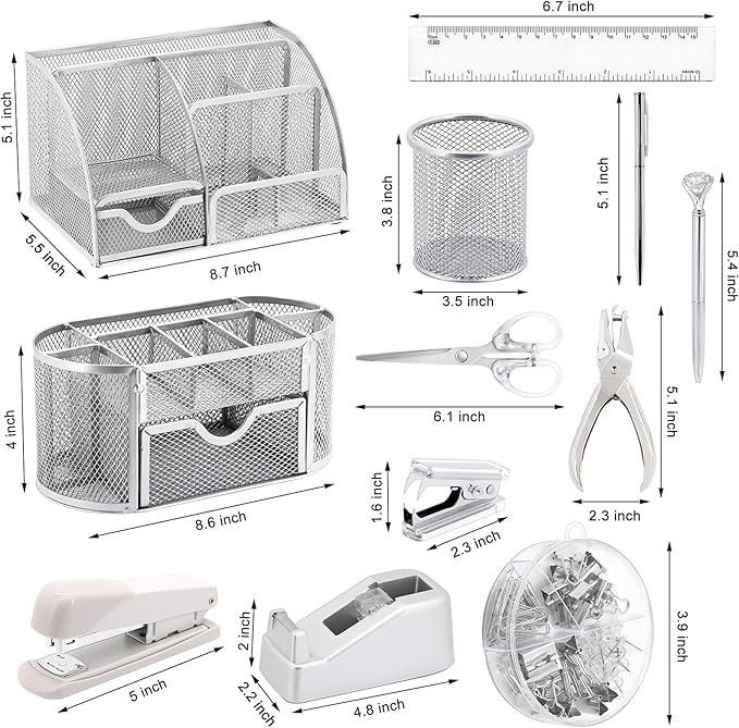 17 in1 Silvery Desk Organizers and Accessories Set, 3 Office Desk Supplies Storage Organization, 4 Pens, Stapler, Staples & Remover, Tape & Dispenser, Scissors, Ruler, Clips, Hole Punch Back to School