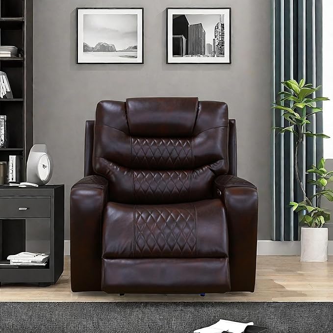 Recliner Chair, Leather Recliner Home Theater Seating, Electric Reclining Chair with USB Ports and Cup Holders, Breathing Chair with Hidden Arm Storage, Dark Brown