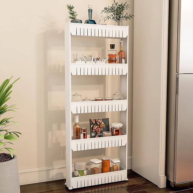 Slim Rolling Storage Cart - 5-Tier Utility Cart with Wheels for Bathroom, Kitchen, and Laundry Room - Bathroom Shelves by Lavish Home (White)