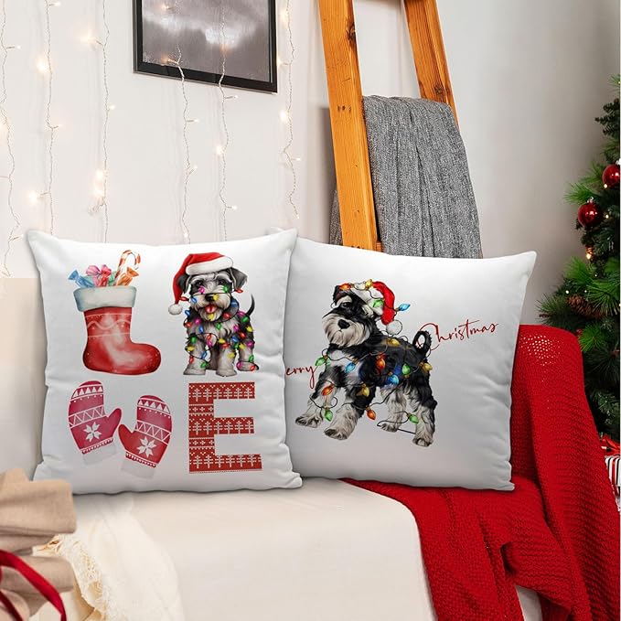 Schnauzer Christmas Pillow Covers 18x18, Schnauzer Decor, Schnauzer Gifts, Merry Christmas Xmas Pillow Covers, Christmas Room Decorations, Christmas Living Room Bedroom Decor, Set of 2