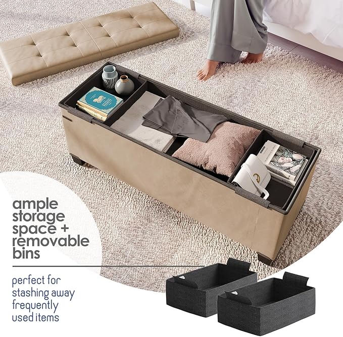 STORAGEBUD Storage Ottoman Bench with Bins, 43-in Storage Bench for Bedroom End of Bed, Folding Foot Rest Ottoman for Living Room Max 660lbs, Faux Leather Ottomans, Taupe
