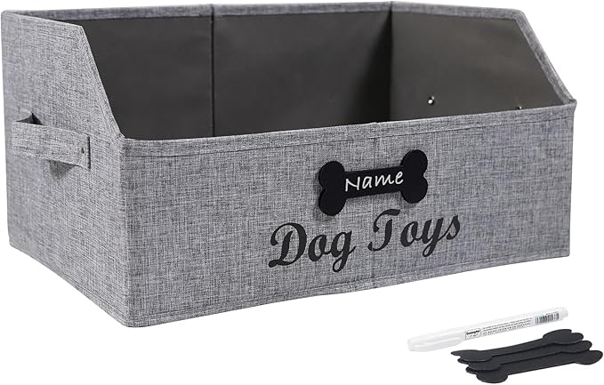 Large Dog Toy Basket Fabric Dog Toy Bin Collapsible Gray Dog Toy Box Trapezoid Dog Toy Storage for organizing Dog Chew Toys/Blankets/Leashes/Treats-Dog Storage Organizer-Can be Personalized