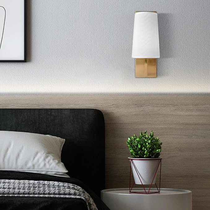 Gold Wall Sconces Set of Two Mid-Century Modern Fabric Shade Sconces Wall Lighting Indoor Brass Wall Lamp for Bedroom Hallway Living Room