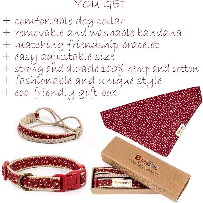 Pettsie Adjustable Dog Bandana Collar with Matching Owner Friendship Bracelet – Soft & Durable Hemp, Stylish Removable Scarf for Dogs, Gift-Ready Set for Pet Lovers, Large, Red